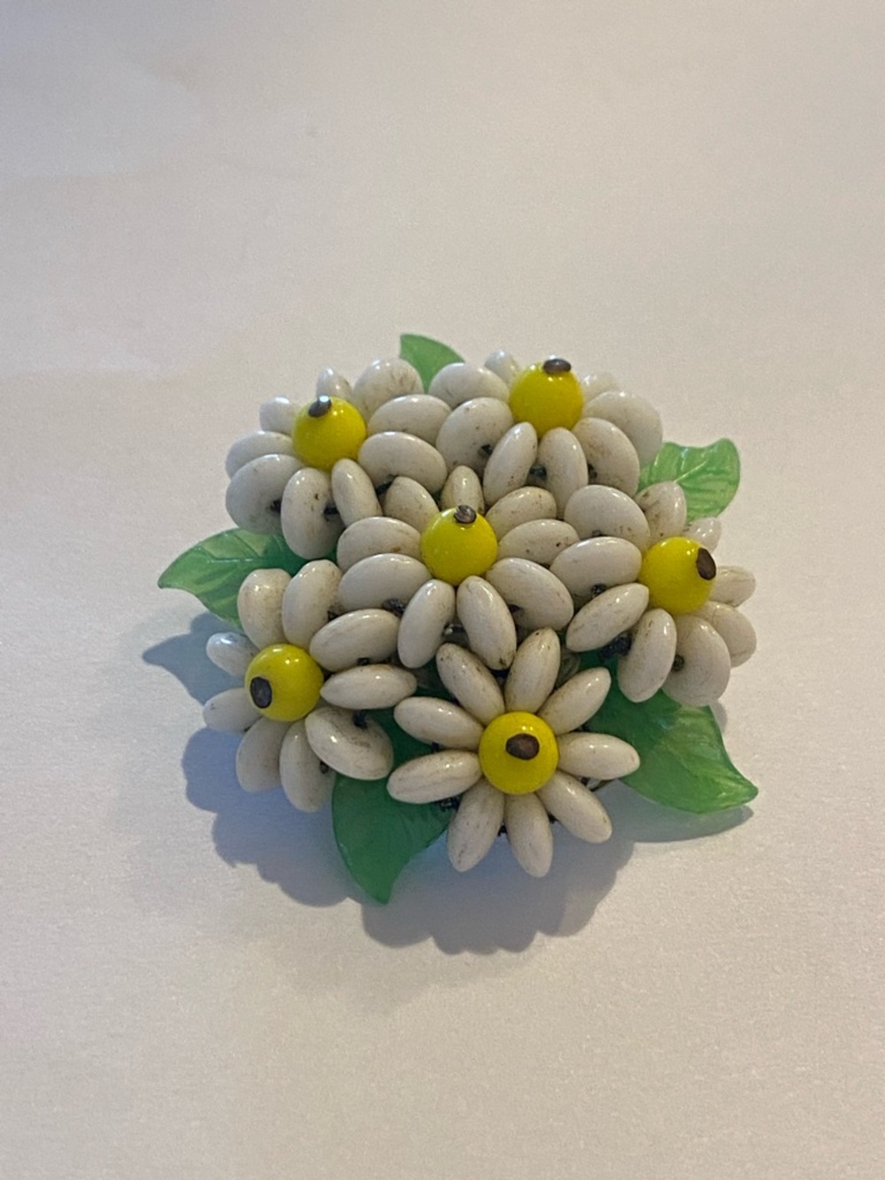 Vintage White, Yellow and Green Glass Flower Cluster Brooch